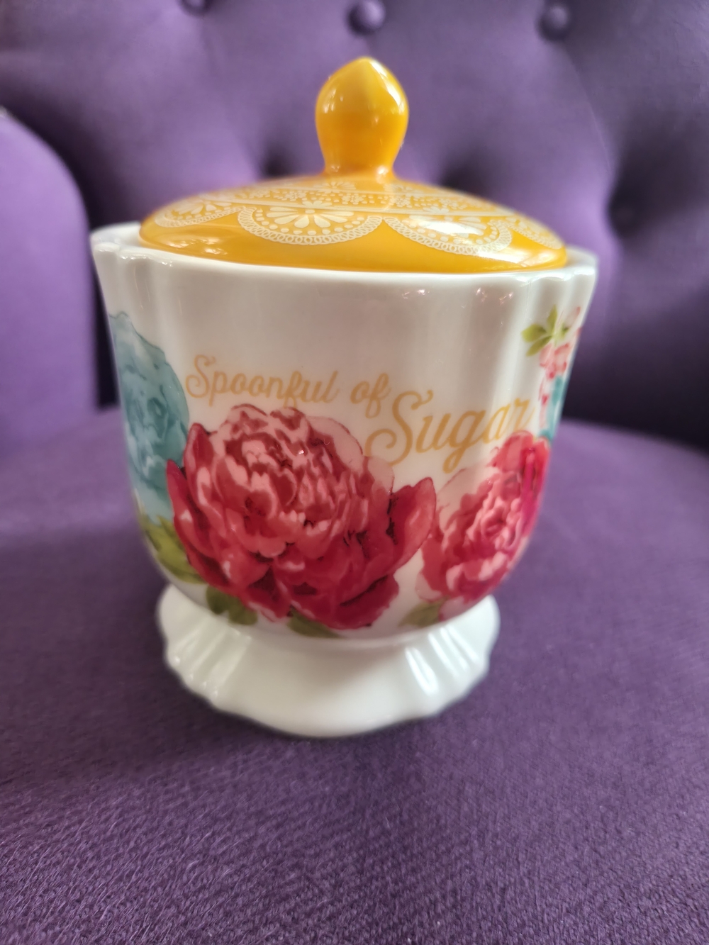 Pioneer Blossom Jubilee Ceramic Sugar Jar with Yellow Lid